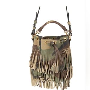 SAINT LAURENT green camouflage suede EMMANUELLE Bucket Shoulder Bag